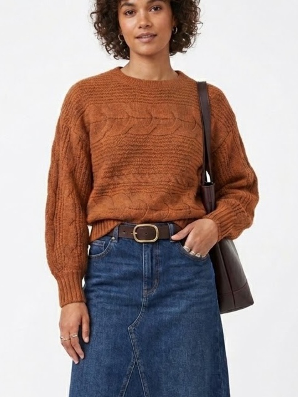 Olive + Oak Brown Chenille Cable Knit Sweater Chunky Balloon Sleeve Medium
